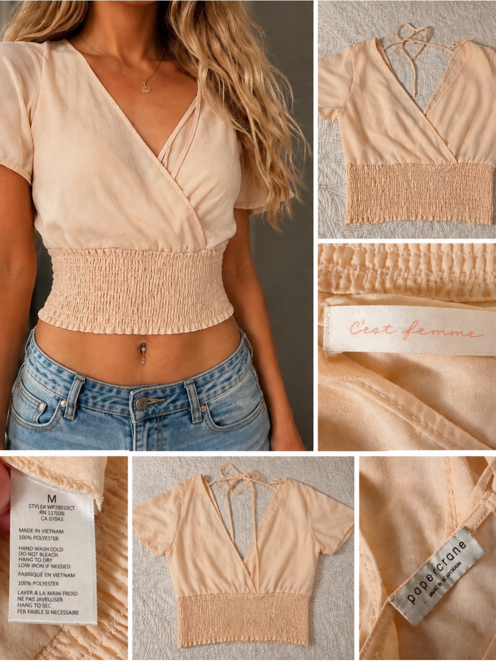 Paper Crane Blush Pink Smocked Wrap Crop Top Womens M